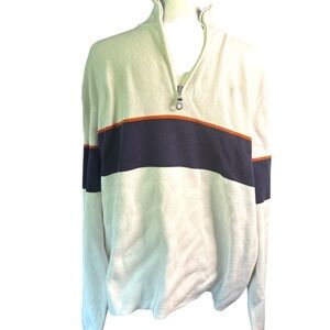 Cream and Navy Zip Up Sweater with Stand-Up Collar